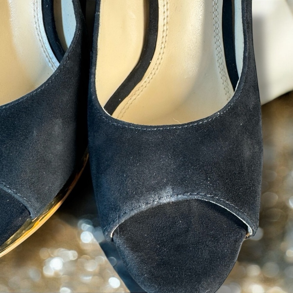Enzo Angiolini Suede and Gold Peep Toe Pumps -  Easully High-Heel Size 6 1/2 M - Picture 9 of 10